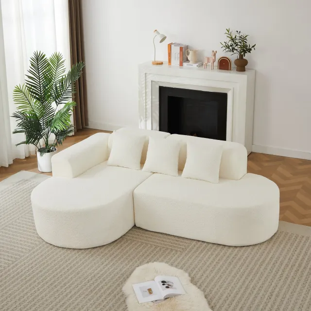 MIVRAY Hoekbank 3-zits - Linker Chaise - L-vormig Rond Wabi Sabi Design - Met 3 Rugkussens - Voor Woonkamer - Chenille Beige