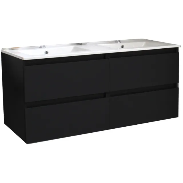 Boss & Wessing Badkamermeubel BWS Pepper Wastafel Porselein Twee Kraangaten 120x55x46 cm Mat Zwart