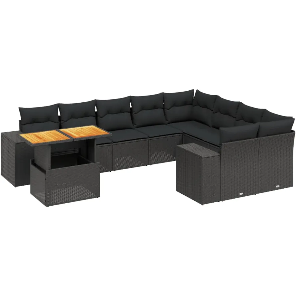 vidaXL 10-delige Loungeset met kussens poly rattan zwart, foto 3