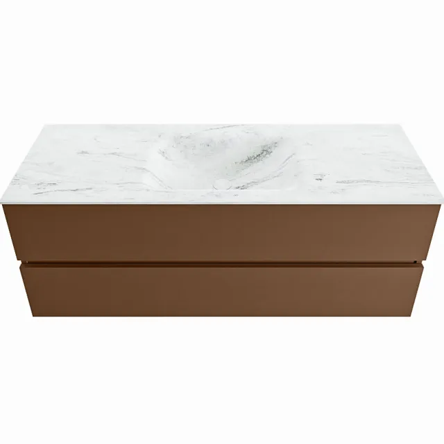 Mondiaz VICA-DLUX 130cm badmeubel onderkast Rust 2 lades. Inbouw wastafel CLOUD midden zonder kraangat, kleur Opalo.