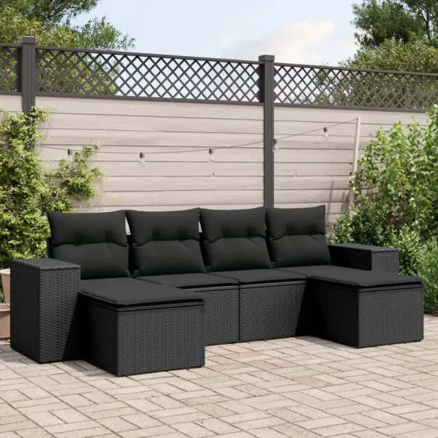 vidaXL 6-delige Loungeset met kussens poly rattan zwart, foto 2