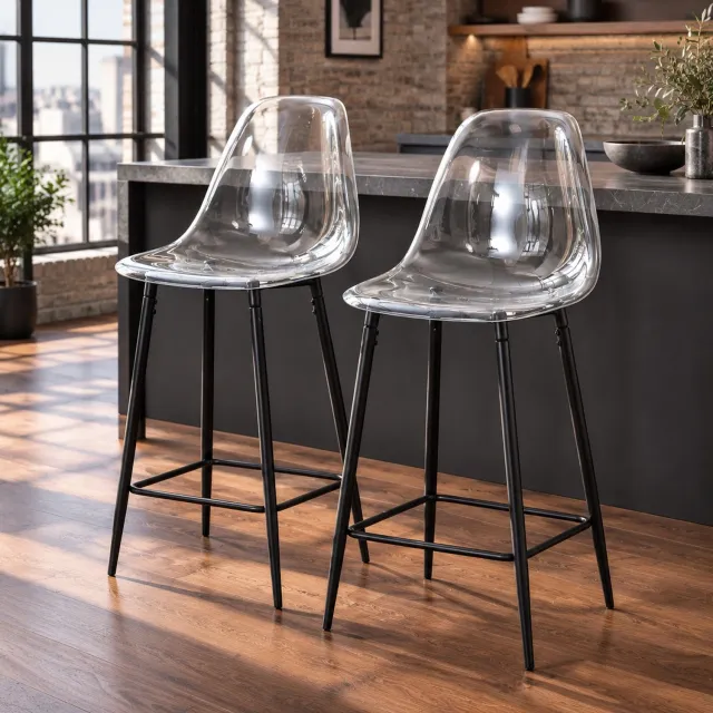 CHICFURN Barkruk - Set van 2 - Transparante zitting - Met rugleuning - Zwart