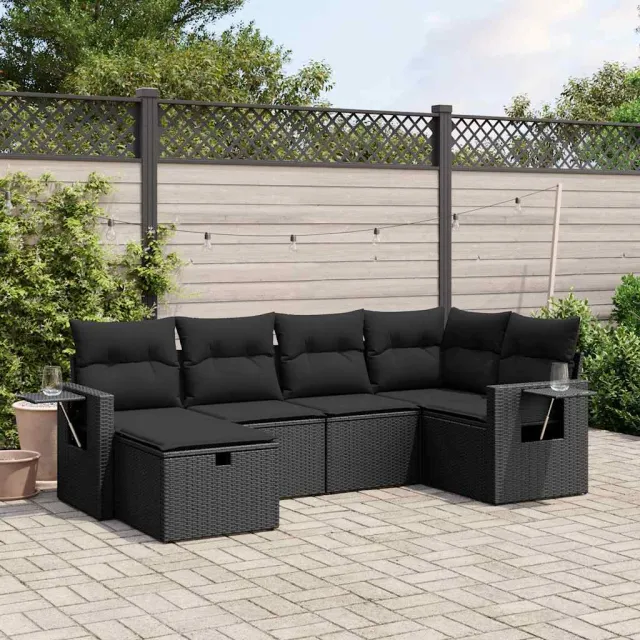 vidaXL 6-delige Loungeset met kussens poly rattan zwart, foto 2