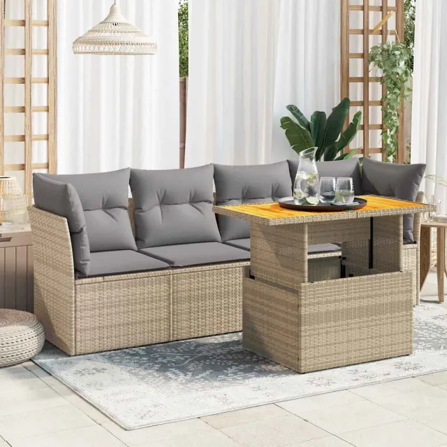 vidaXL 5-delige Loungeset met kussens poly rattan beige, foto 2