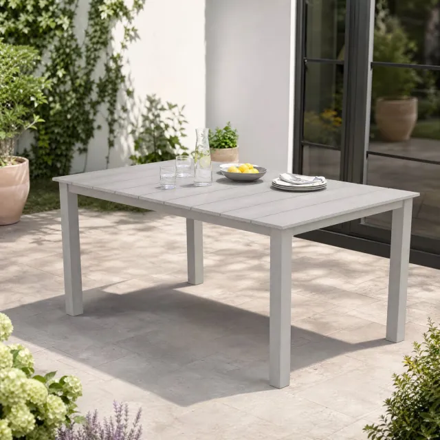 AIMASON Tuintafel 175 cm met parasolgat - lichtgrijze eettafel voor buiten in HIPS kunststof houtlook, ruime diningtafel en buitentafel voor tuin, terras, veranda en patio, weerbestendig en onderhoudsarm tuinmeubel voor outdoor dining, 175 x 81 x 75 cm lichtgrijs