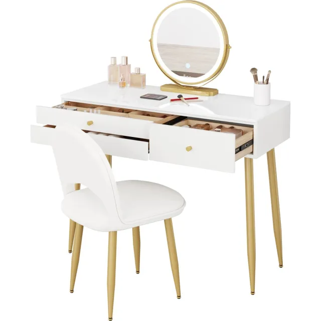 DHN Kaptafelset met verlichting - Make-up tafel - Verstelbare Led Spiegel - Kaptafel met stoel en Spiegel - Wit Wit - Goud