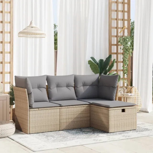 vidaXL 4-delige Loungeset met kussens poly rattan beige, foto 2