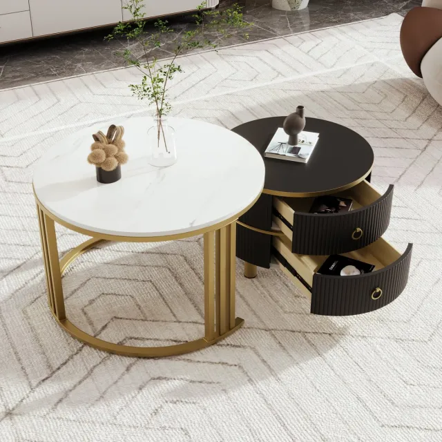 MIVRAY Salontafelset - Rond Met 2 Laden En Hoogglans - Voor Woonkamer Of Balkon - MDF Zwart - 70x70x46 En 50x50x40 Goud+Zwart