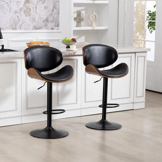 KOMHTOM Draaibare barkrukken, set van 2, in hoogte verstelbare barkrukken van gebogen hout, barkrukken met PU-leren bekleding, ergonomische rugleuning en voetsteun, barkrukken voor thuisbar, keukeneiland Zwart