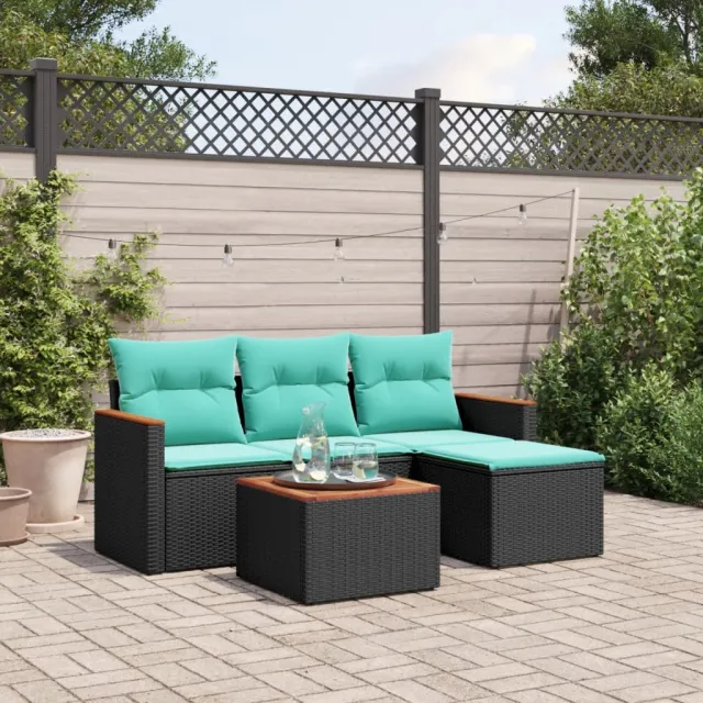 vidaXL 5-delige tuinbankset met kussens van zwart polyrotan, foto 2