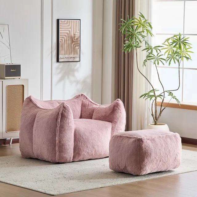 OKWISH Fauteuil met Hocker 126 x 100,5 x 75 cm - Zachte Zitting en Ronde Vormen - Voor Woonkamer en Leeshoek - Imitatiebont - Roze