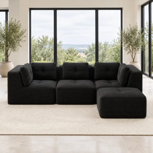 WUVRIE Modulaire hoekbank 297x177 cm - 3-zits met ottomane en corduroy bekleding - Zwart