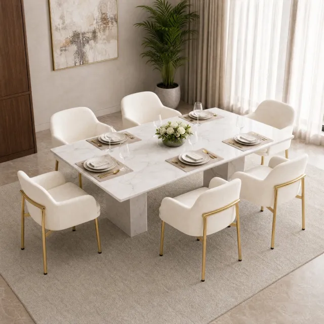 STILVORA Eetkamerstoel 61 x 59 x 78,5 Cm - Set Van 6 Met Armleuningen - Voor Eetkamer En Keuken - Polyester Metalen Onderstel Wit