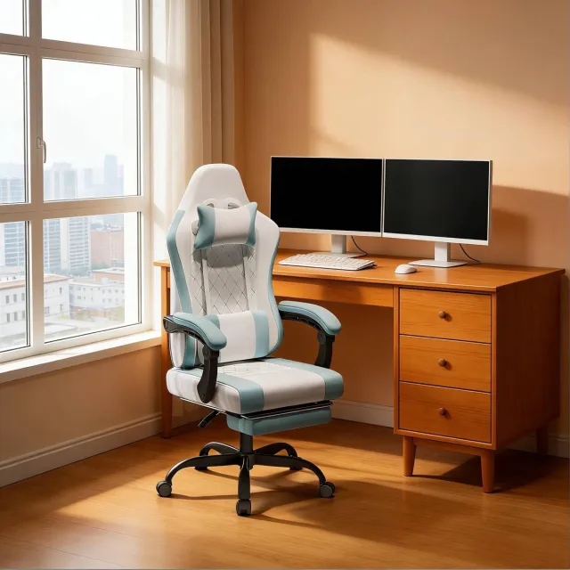 COVREO Gaming bureaustoel 70x70x127 cm blauw wit, mesh met massage lendenkussen
