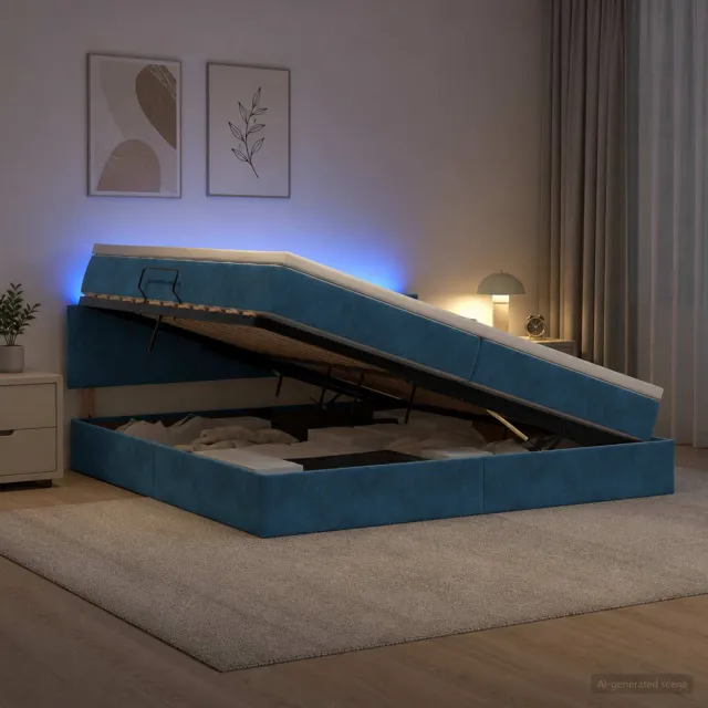vidaXL LED Opslagbed met Matras Donkerblauw 200 x 200 cm Fluweel