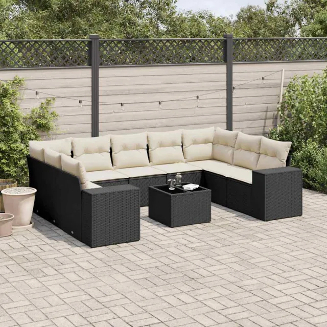 vidaXL 10-delige Loungeset met kussens poly rattan zwart, foto 2