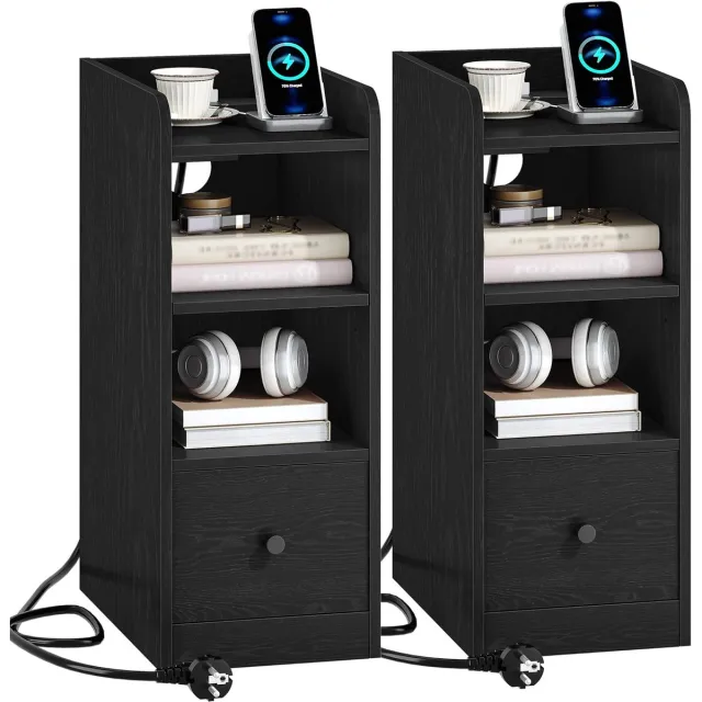 HILINSIE Nachtkastje Set van 2 met Oplaadstation, USB & Type C Poort, Smalle Eindtafel, 3 Tiers Opbergruimte met 1 Lade, Ruimtebesparend, voor Slaapkamer, Woonkamer, Thuiskantoor, Zwart