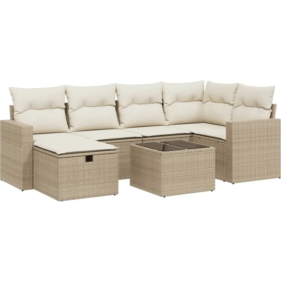 vidaXL 7-delige Loungeset met kussens poly rattan beige