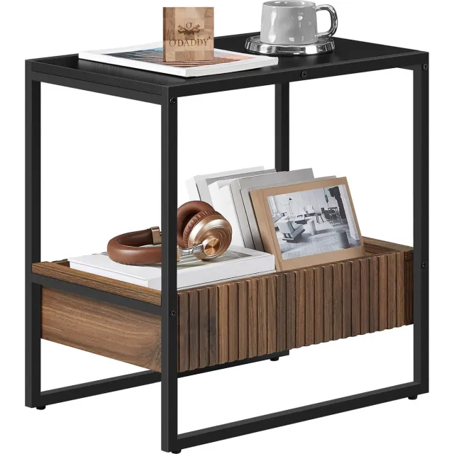 O'DADDY Bijzettafel - Vierkant Tafeltje - Met Verstelbare Lade - Bijzet Tafel - Koffietafel - Nachtkastje - 55x35x55 cm - Zwart Metaal/Bruin Hout