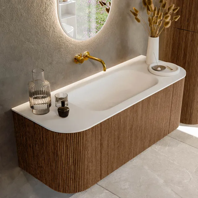 Mondiaz KURVE 120 cm Onderkast Greeploos 1 Lade Met Deuren Walnut, Wastafel Solid Surface Midden Talc 0 Kraangaten Zonder Spiegel (KRVBGS120L+R1L2D0KM-Wal/Tal)