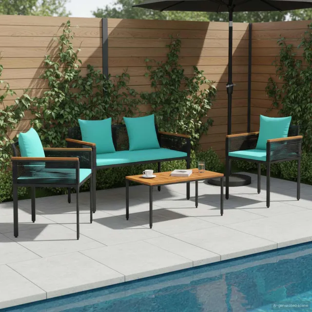 vidaXL Buitenmeubelset met kussen Zwart en Turquoise poly rattan