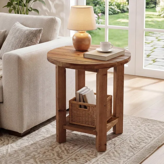 Tribesigns Massief Houten Bijzettafel - Ronde Eindtafel met 2 Opbergplanken - Houten Bijzettafel met Gegroefd Tafelblad - Tafel - Sidetable voor Woonkamer, Thuiskantoor, Slaapkamer - 50 x 50 x 60 cm - Bruin