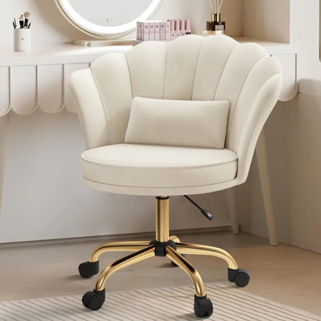 hawthyhome Fluwelen Bureaustoel met Wieltjes – Velours Make-up Stoel Verstelbaar & Draaibaar met Gouden Onderstel – Kaptafelstoel voor Slaapkamer, Thuiswerkplek en Salon,Beige