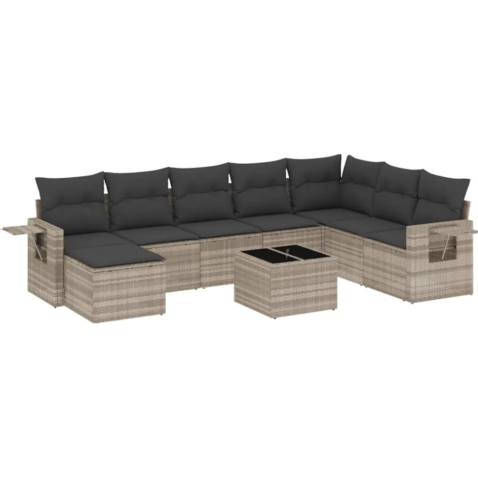 vidaXL 9-delige Loungeset met kussens poly rattan lichtgrijs grijs, foto 3