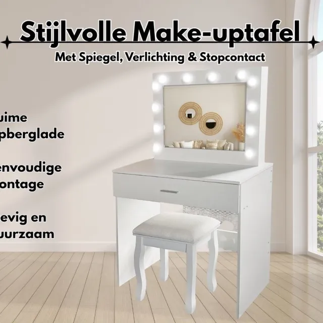 Lexorion Make-up Tafel met LED Spiegel – Elegante Witte Kaptafel met Opberglade en Comfortabele Zit