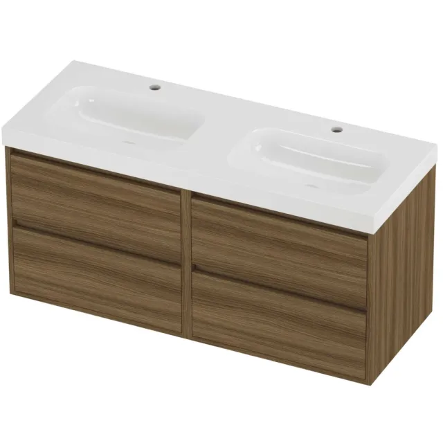 Proline Haga Badmeubelset Polystone Mezza Greeploos 120x46x58 cm Glans Wit Caramel Walnut Houtlook