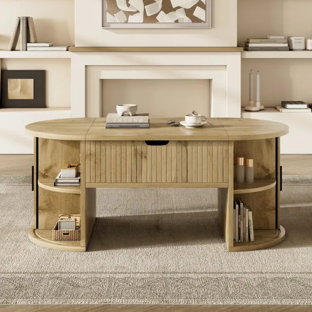 REDOM Salontafel 100 x 50 cm – In Hoogte Verstelbare Woonkamer Tafel met Schuifdeuren en Opbergruimte – Retro Design – MDF – Eikenkleur