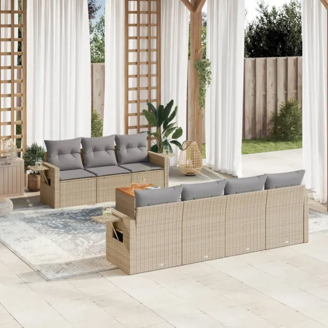 vidaXL 8-delige Loungeset met kussens poly rattan beige