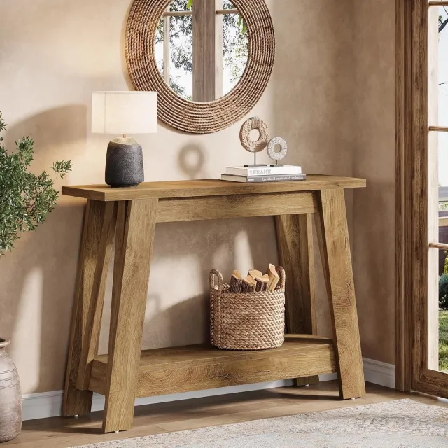 Little Trees LITTLE TREE Boerderijstijl Consoletafel - 2-Laags Haltafel met Opbergruimte - 105 cm - Landelijke Smalle Tafel Achter Bank - Natuurlijk voor Woonkamer, Hal, Entreehal Bruin