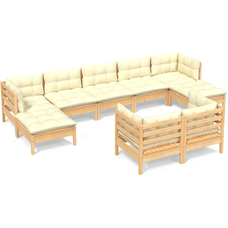 vidaXL 9-delige Loungeset met crèmekleurige kussens massief grenenhout