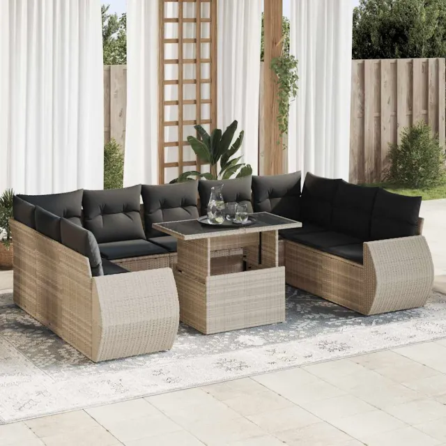 vidaXL 10-delige Loungeset met kussens poly rattan lichtgrijs grijs, foto 2