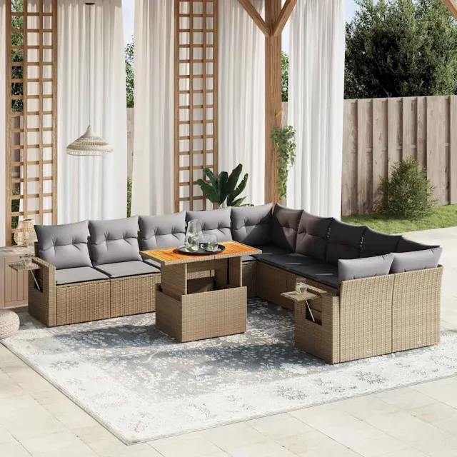 vidaXL 11-delige Tuinset met kussens poly rattan beige, foto 2