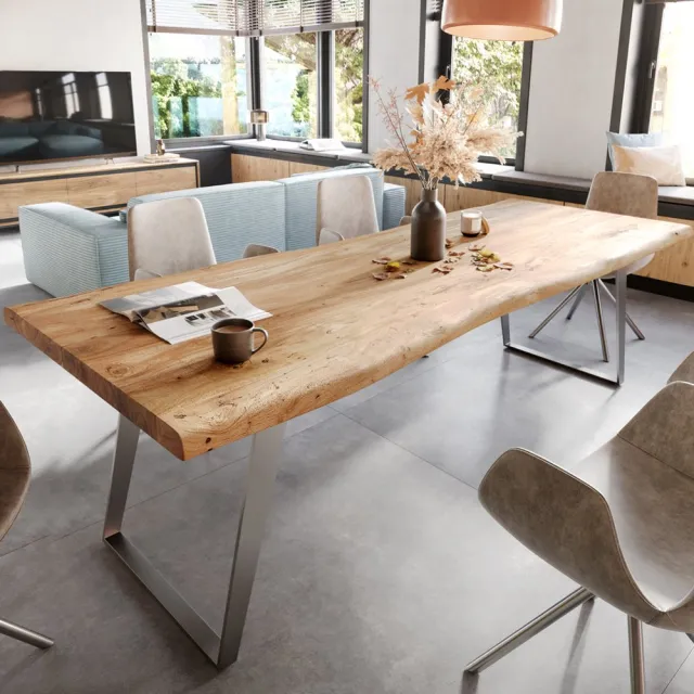 DELIFE Eetkamertafel Edge acacia natuur 280x100 XL roestvrij staal schuin Live-Edge Bruin