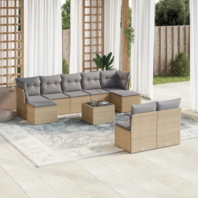vidaXL 10-delige Loungeset met kussens poly rattan beige