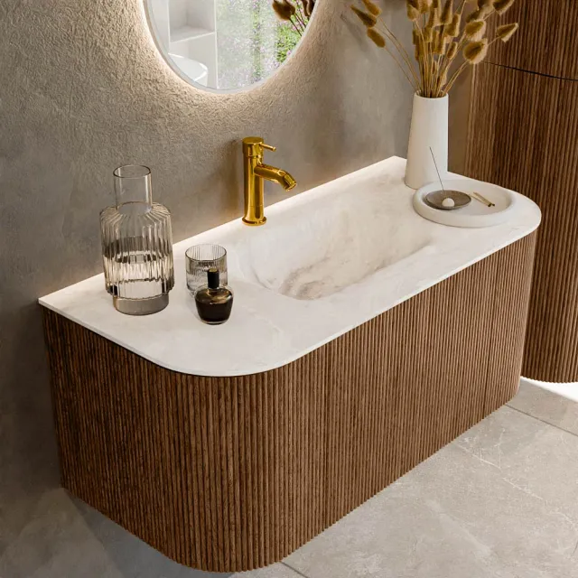 Mondiaz KURVE-DLUX 100 cm Onderkast Greeploos 1 Lade Met Deuren Walnut, Wastafel Solid Surface MIdden Frappe 1 Kraangat Zonder Spiegel (KRVGRU100L+R1L2D1KM-Wal/Fra)
