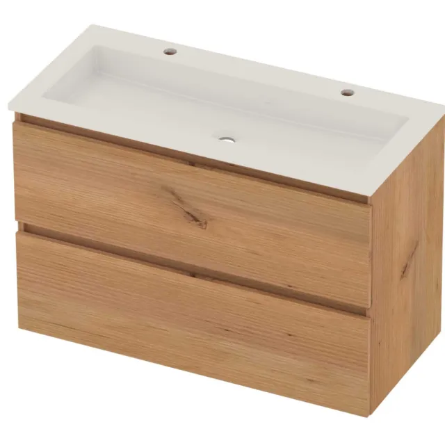 Basic-Line Aura 46 Badmeubelset Acryl 2 Kraangaten Greeploos 100x46x62 cm Whisky Oak Glans Wit