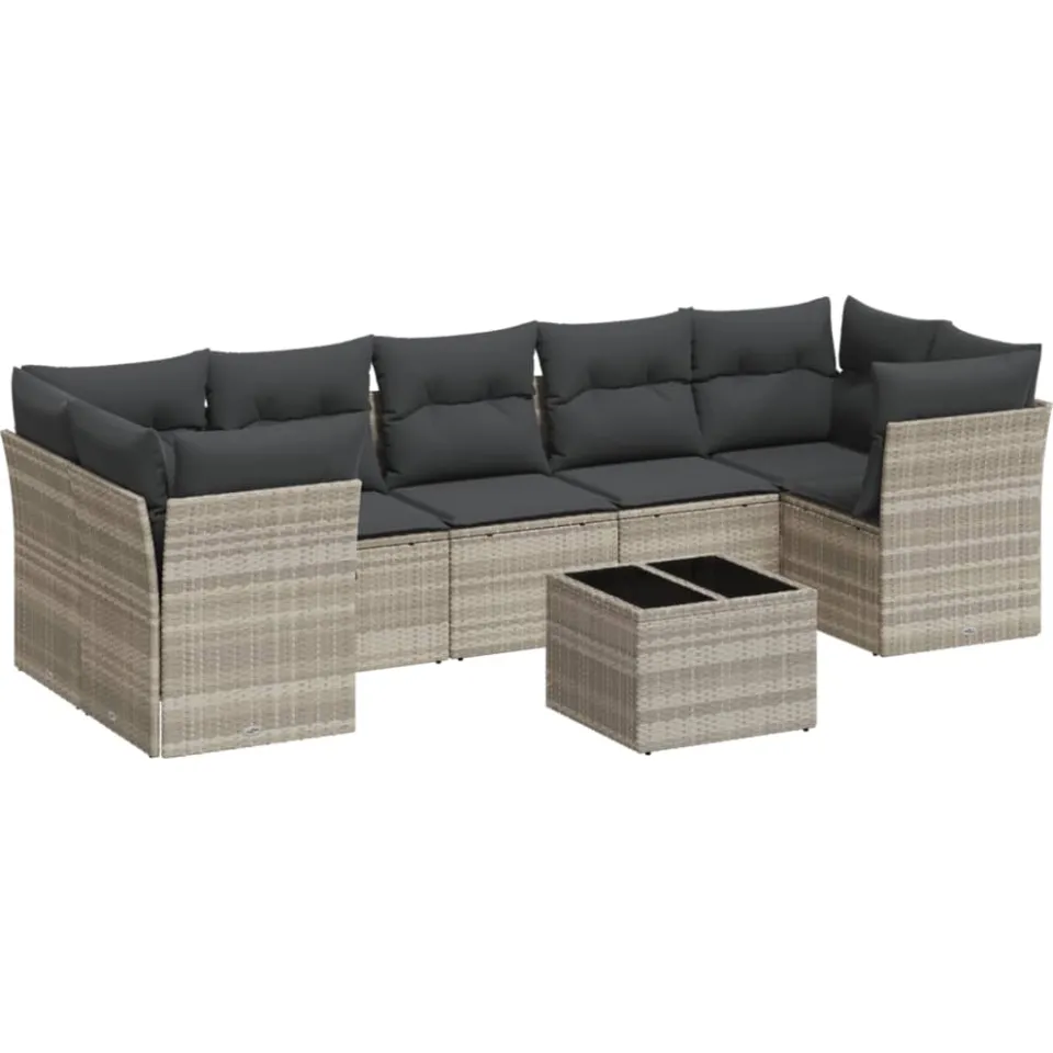 vidaXL 8-delige Loungeset met kussens poly rattan lichtgrijs grijs