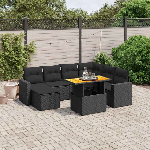 vidaXL 8-delige Loungeset met kussens poly rattan zwart, foto 2