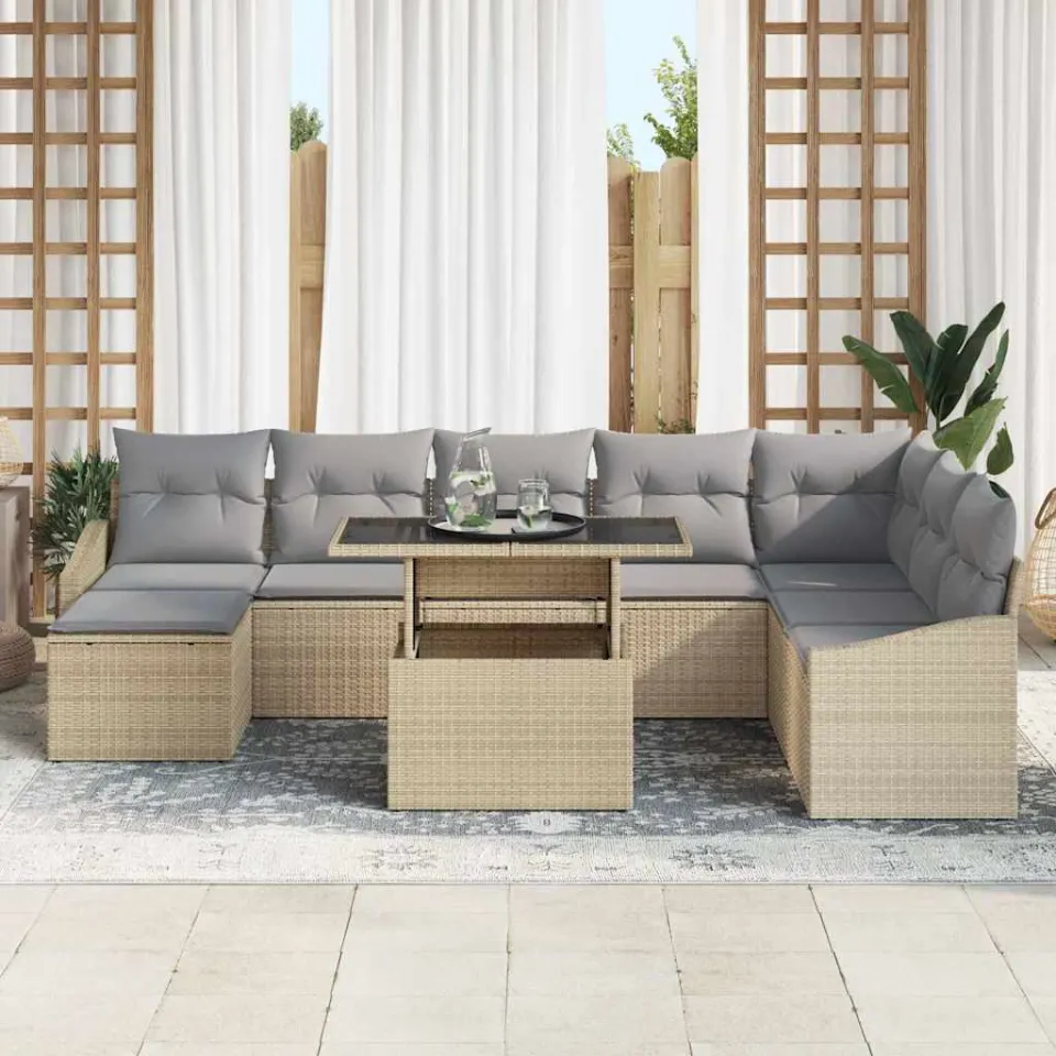 vidaXL Bankstel 9 st Beige en Licht Grijs poly rattan, foto 3