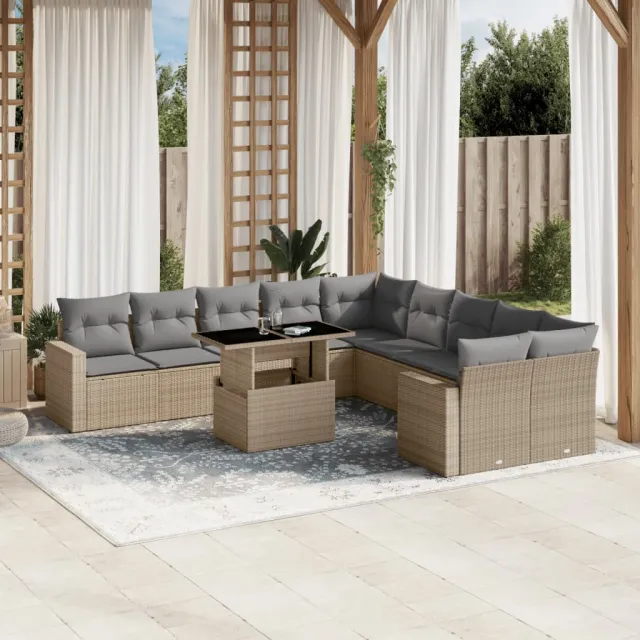 vidaXL 11-delige Tuinset met kussens poly rattan beige, foto 2