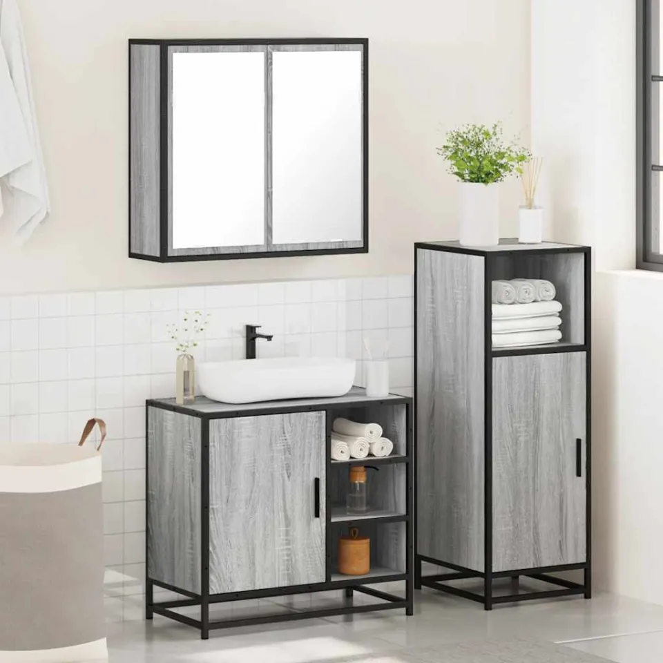 vidaXL 3-delige Badkamermeubelset bewerkt hout grijs sonoma eikenkleur, foto 4