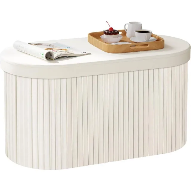 BukkitBow Ronde/Ovale Compacte Opbergpoef – Poef / Zitkist met Deskel - Opvouwbare Ovale Poef - Voetenbank met Opbergruimte - 76x38x38 cm - Crème / Wit