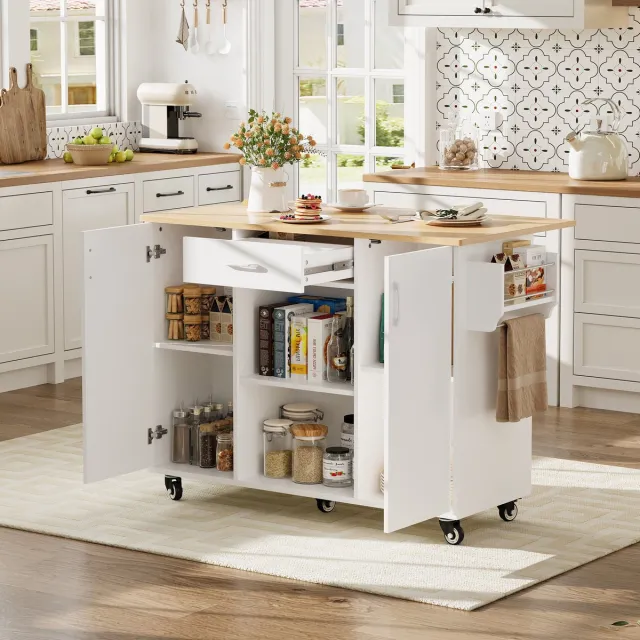COVREO Keukeneiland 120x43,5x92,9 cm wit, MDF met opklapbaar werkblad