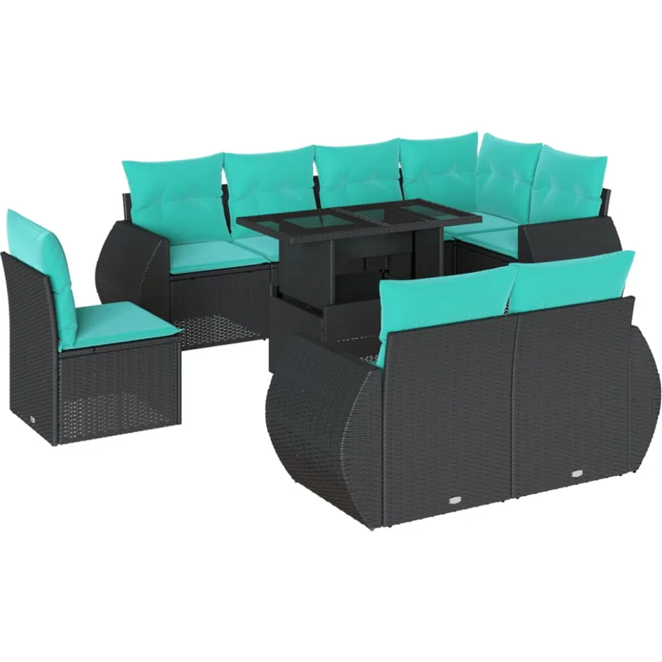 vidaXL 9-delige tuinbankset met kussens van zwart polyrotan, foto 3