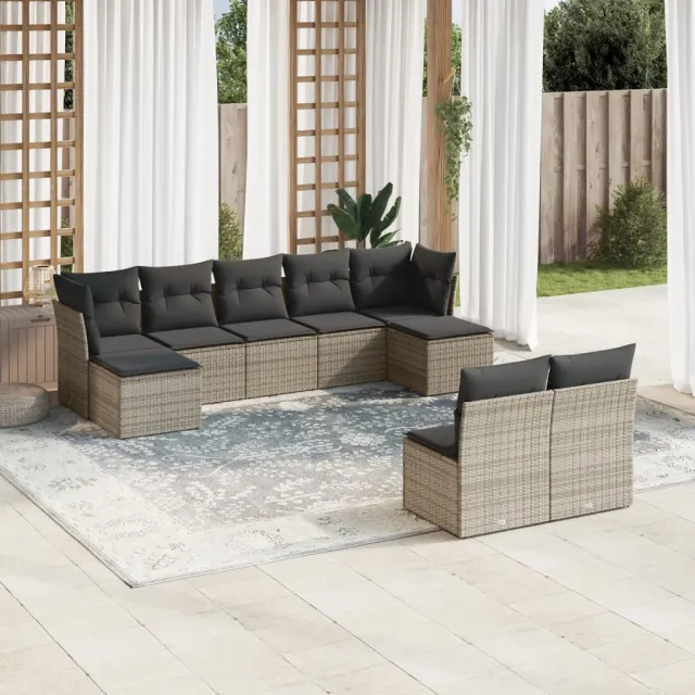 vidaXL 9-delige Loungeset met kussens poly rattan grijs, foto 2