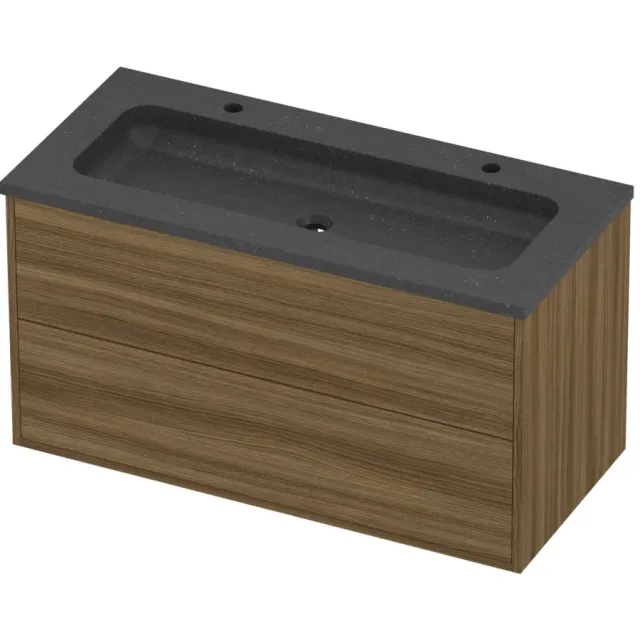 Proline Rollo Badmeubelset Hardsteen Elegant 2 Gaten 100x46x54 cm Blue Stone Caramel Walnut Houtlook